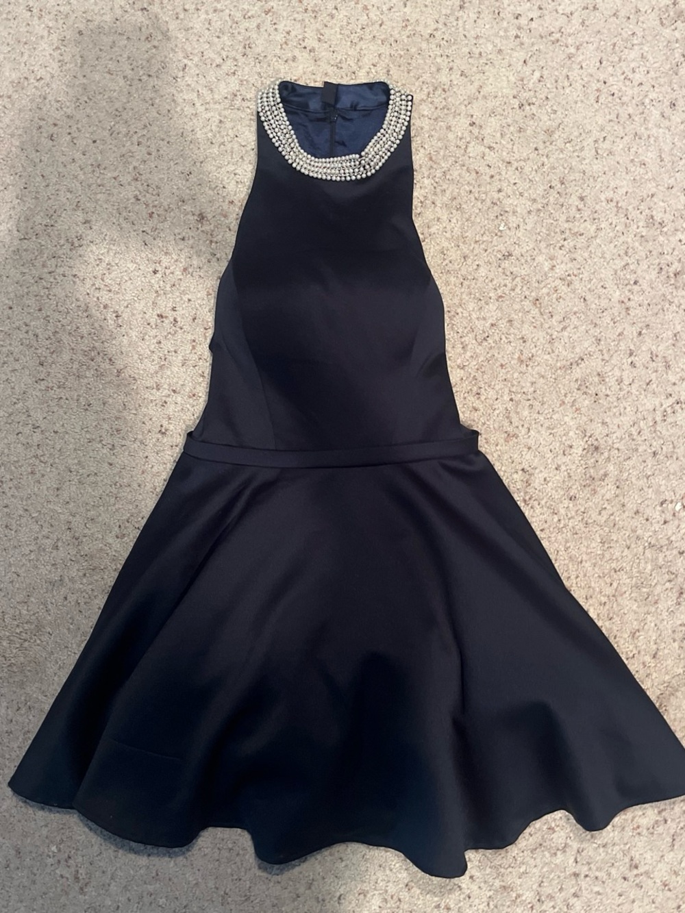 La Femme Navy Mini Dress with Embellished Neckline